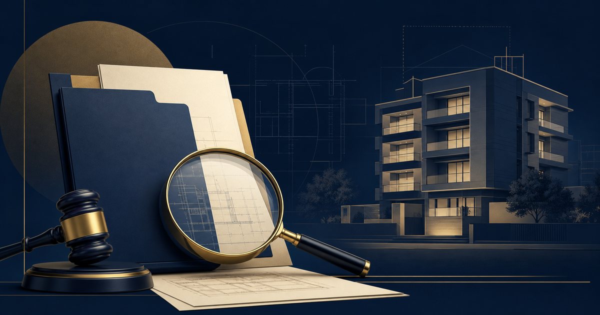 Documentos, lupa, martelo de leilão e edifício em composição azul-marinho e dourada.